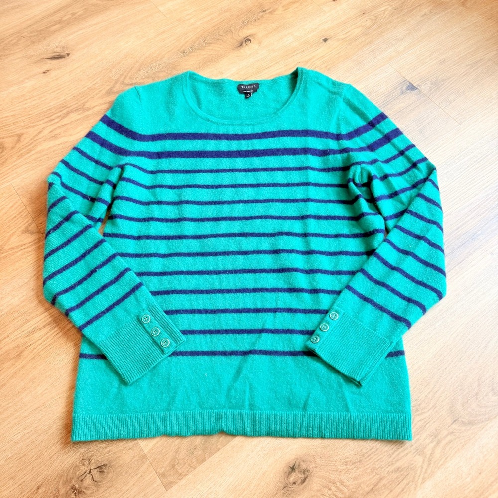Talbots 100% Cashmere Striped Sweater Green Navy Blue Button Cuff Large